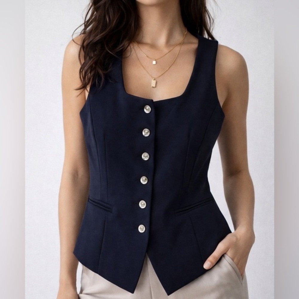 Missguided Navy Tailored Vest‎ XS French Parisian Minimalist Menswear Academia